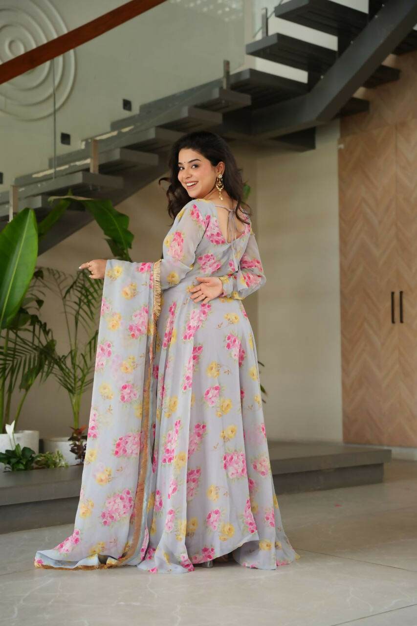 Vastranavya Light Grey Faux Georgette With Rich Flower Digital Print work Gown