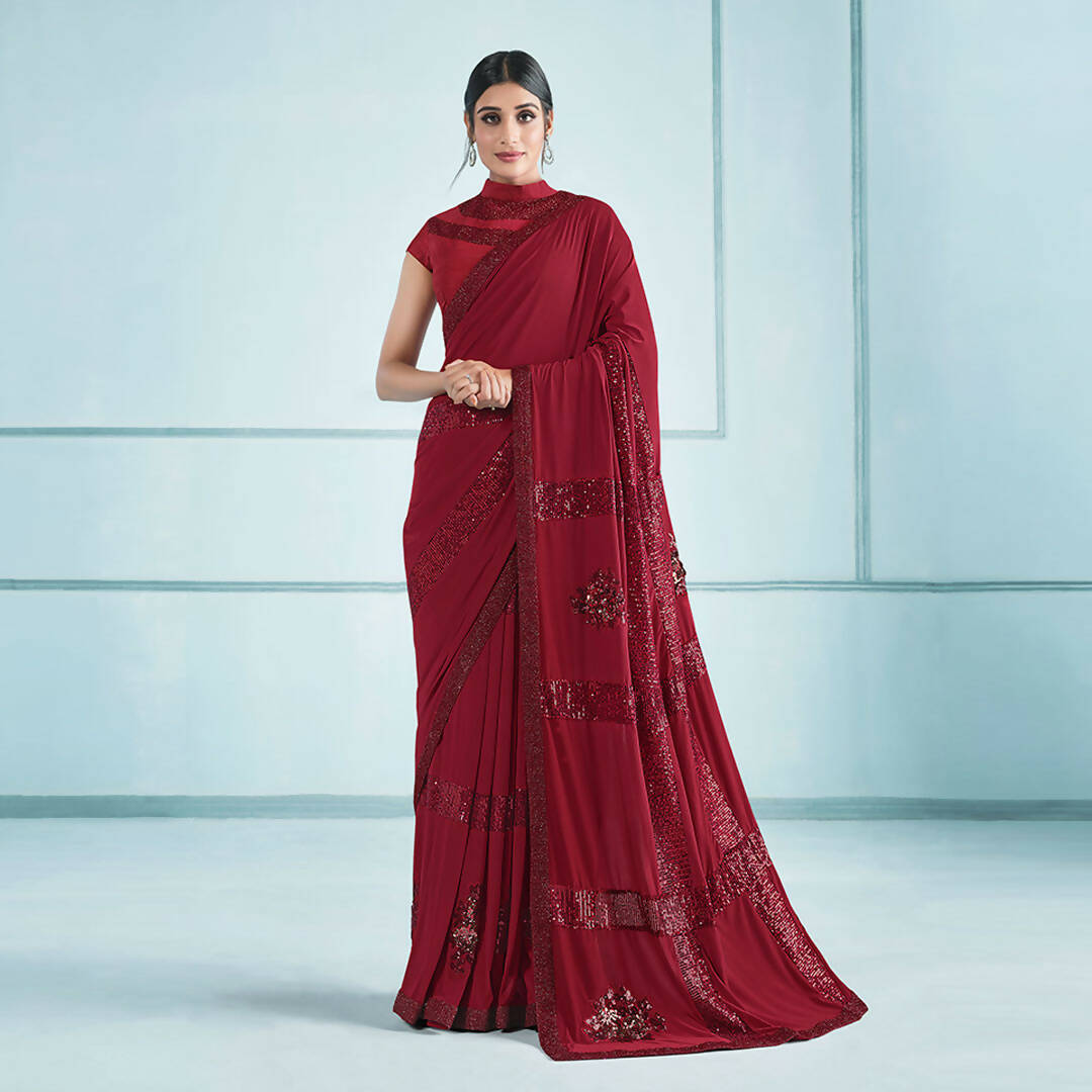 Red Lycra Sequence Embroidery Saree with Unstitched Blouse Piece - Norita Elaura