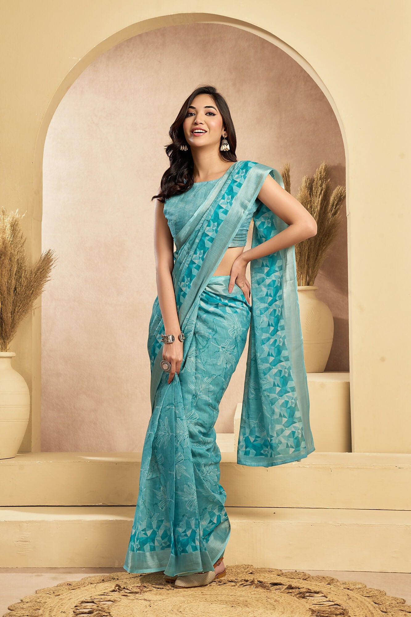 Vastranavya Sky Blue Digital Printed Linen Ready To Wear Designer Saree with Unstitched Blouse