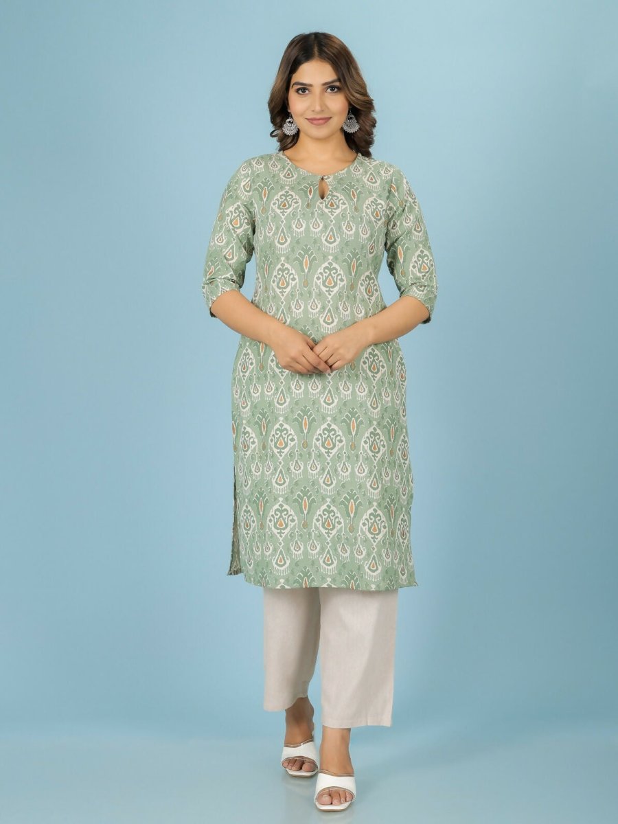 Aramya Green Linen Cotton Ikat Straight Kurta for Women