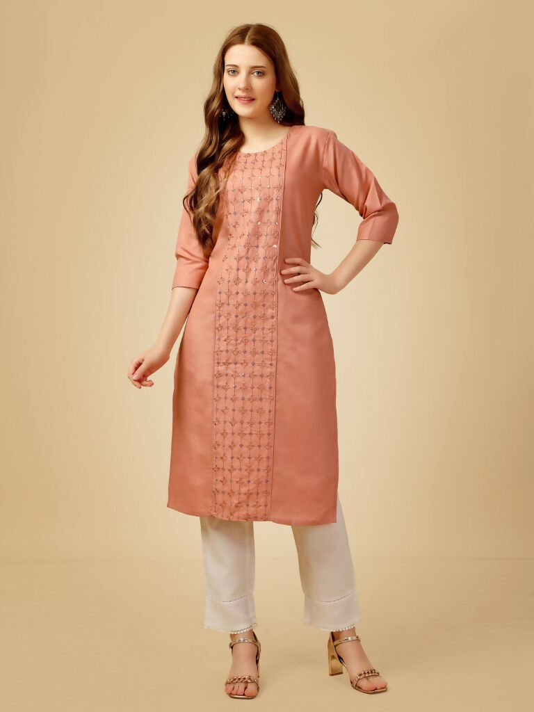Jyoti Fashion Women's Gajri Cotton Blend Embroidered Kurta Pant Set