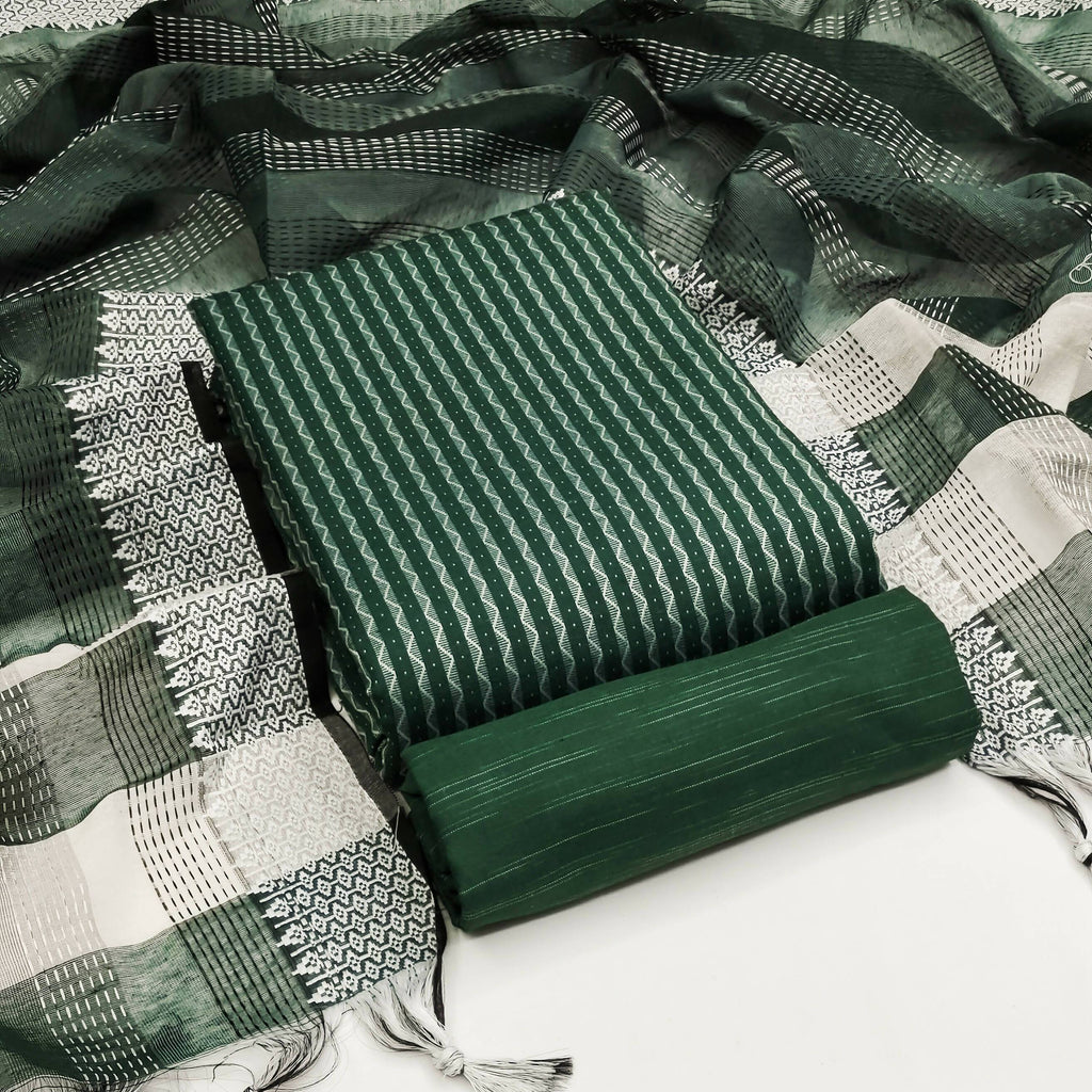 Green Cotton Jacquard Woven Unstitched Dress Material - Amara