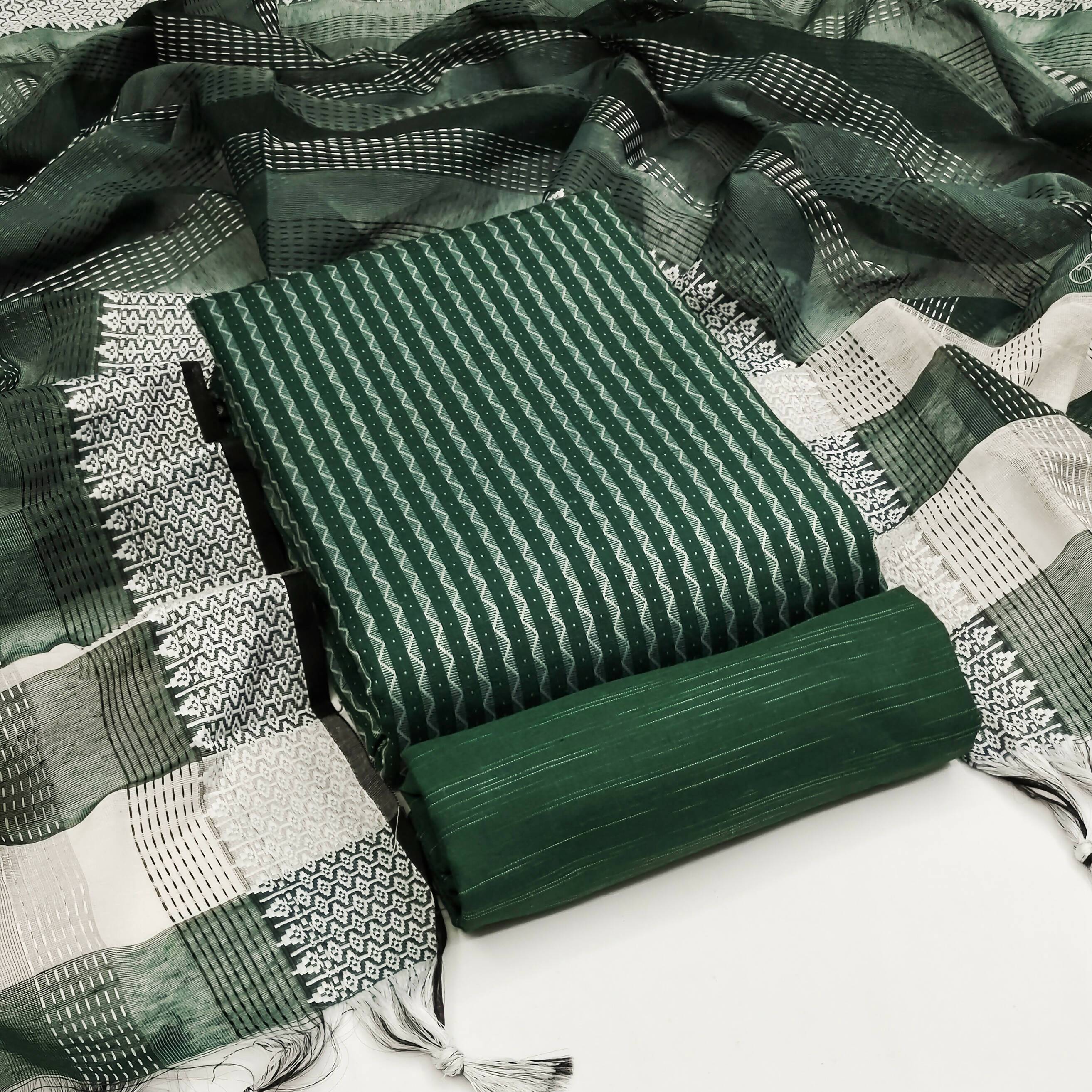 Green Cotton Jacquard Woven Unstitched Dress Material - Amara