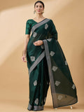 Green Cotton Blend Thread Embroidered Saree with Unstitched Blouse - Satya