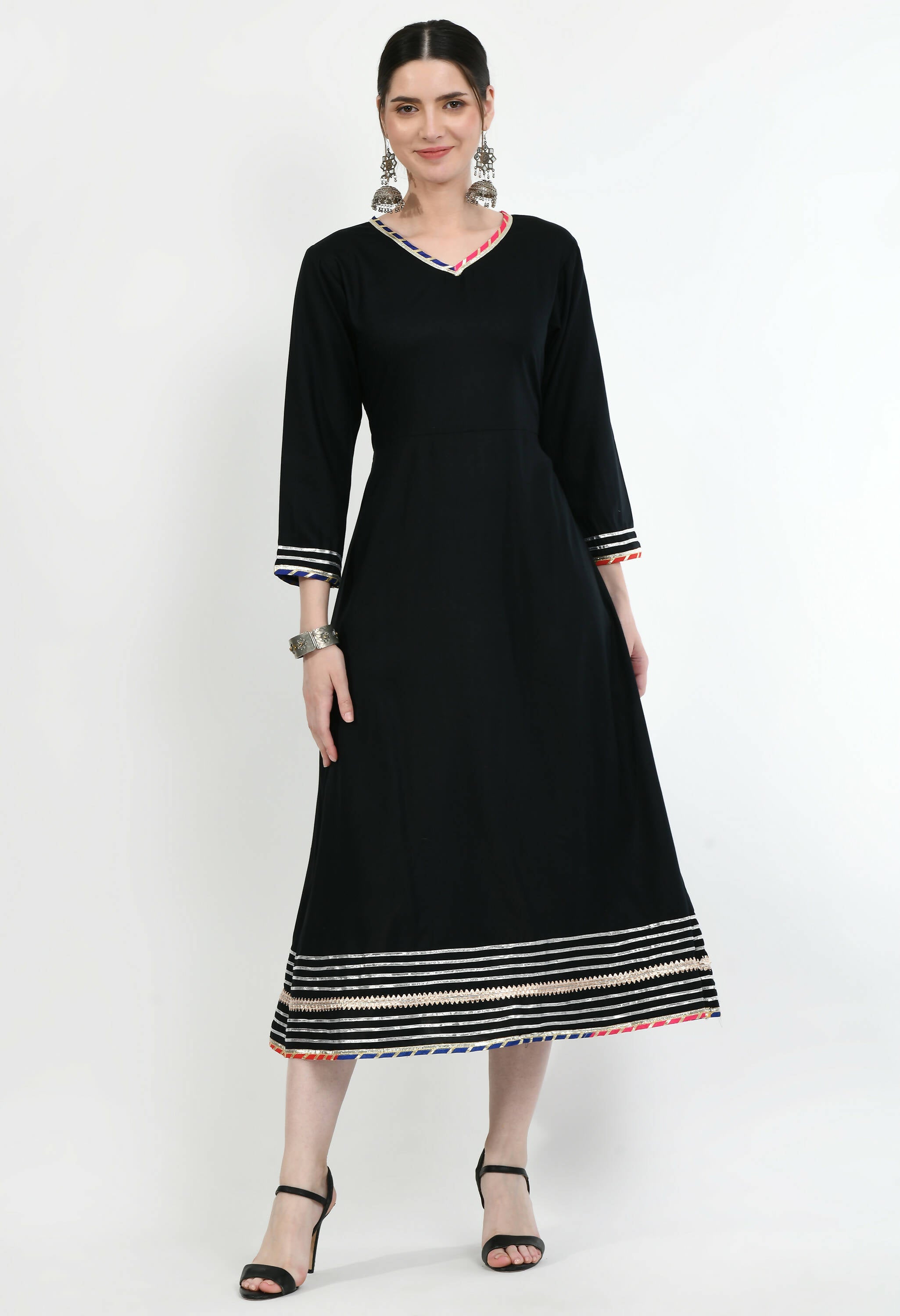 Women's Black Rayon Dress Embellished With Gota Work And Multi Lace - G & A Apparels