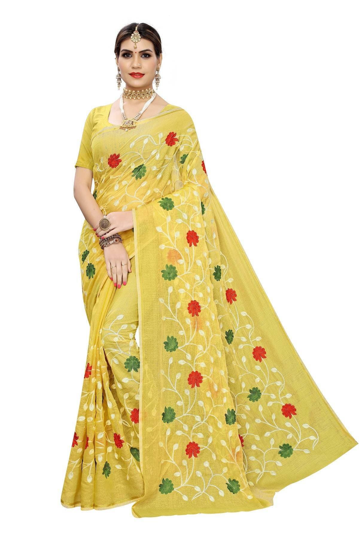 Vamika Yellow Chanderi Cotton Embroidery Saree with Colourful flower Design