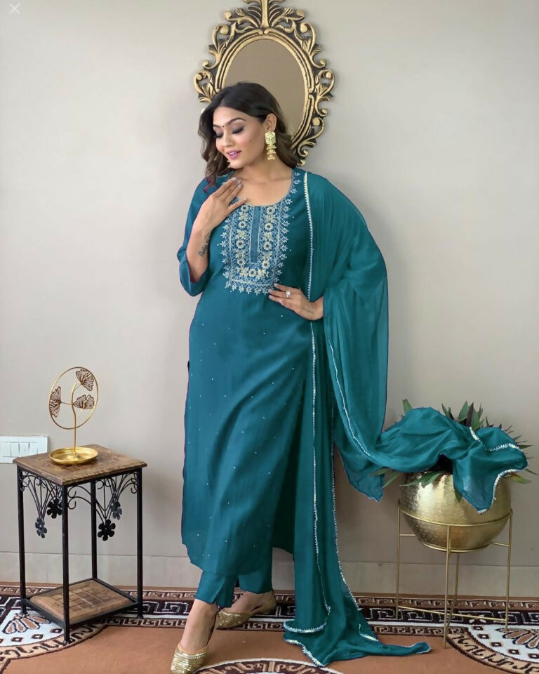 Partywear Designer Firozy Rayon Slub Stitched Suit With Dupatta - Tanisha