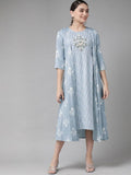 Yufta Women Blue & White Floral Printed Ethnic A-Line Midi Dress with Jacket