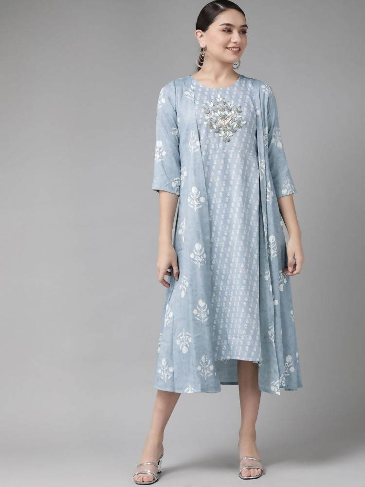 Yufta Women Blue & White Floral Printed Ethnic A-Line Midi Dress with Jacket