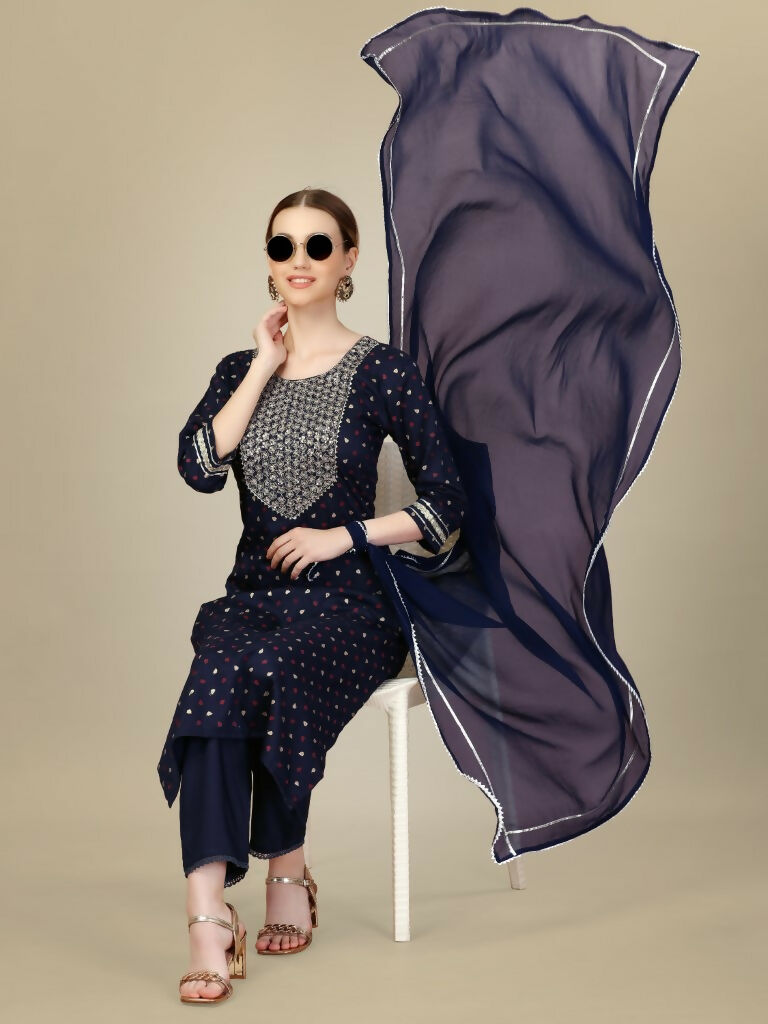 Jyoti Fashion Women's Navy Blue Silk Blend Embroidery & Sequence work Kurta with Trouser & Dupatta