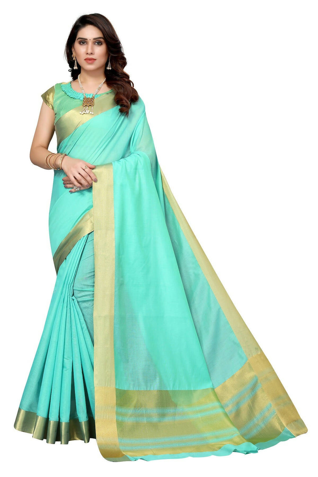 Vamika Sky Blue Cotton Polyester Silk Weaving Saree