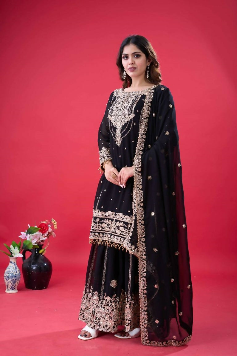 Teeya Creation Black Color Faux georgette Embroidery Work Sharara Set