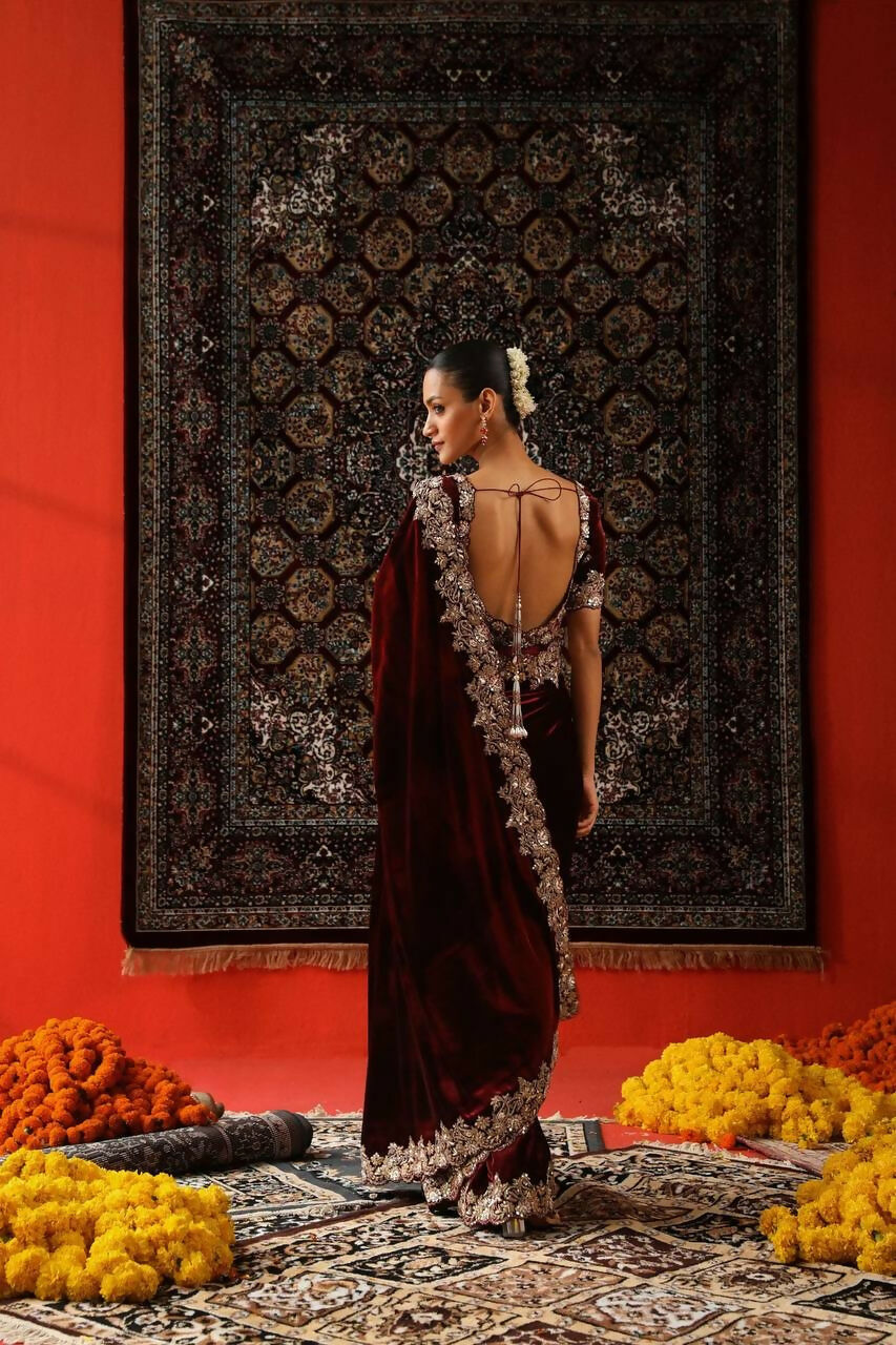 Vastranavya Designer Velvet Sequence & Zari Thread Embroidery work with border and Cutwork Saree - Wine