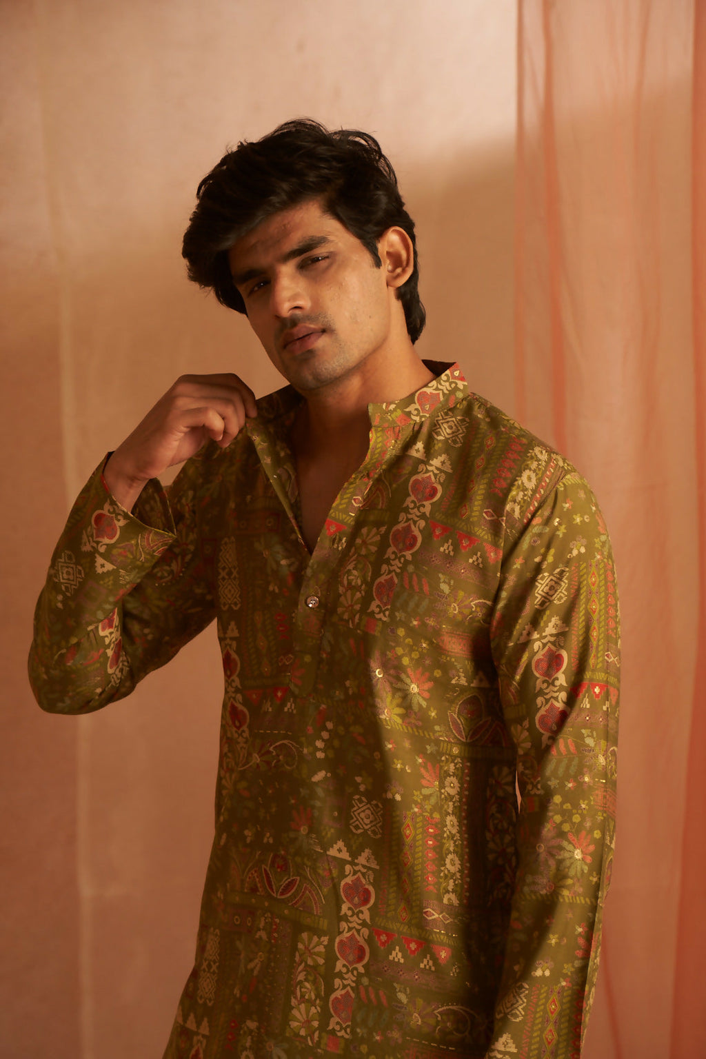 Green Modal Silk Designer Printed Men's Kurta Set - Mahotsav