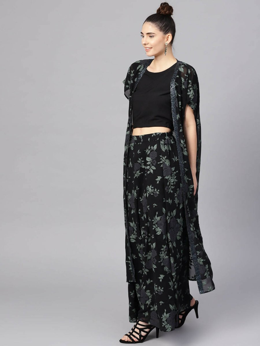 Ahalyaa Black Georgette Crepe Printed Top Palazzo Set With Jacket