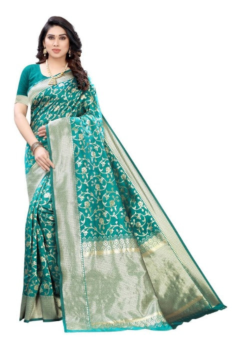 Vamika Banarasi Jacquard Weaving Rama Green Saree (PARINITI RAMA)