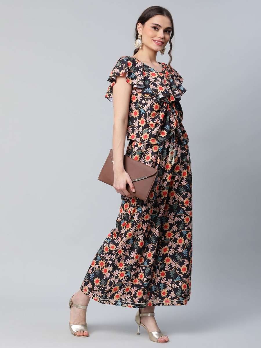 Ahalyaa Women Black Crepe Digital Print Top with Palazzo Set