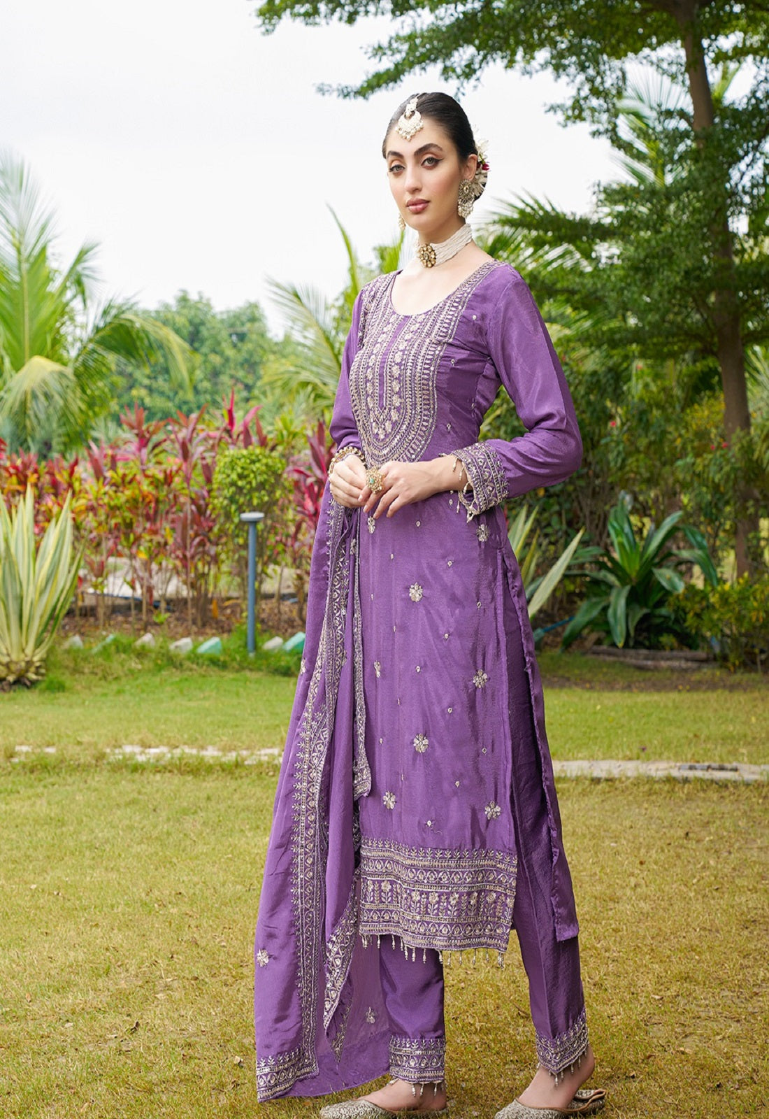Teeya Creation Purple Color Chinon Silk Heavy Embroidery Work Fully Stitched Salwar Suit