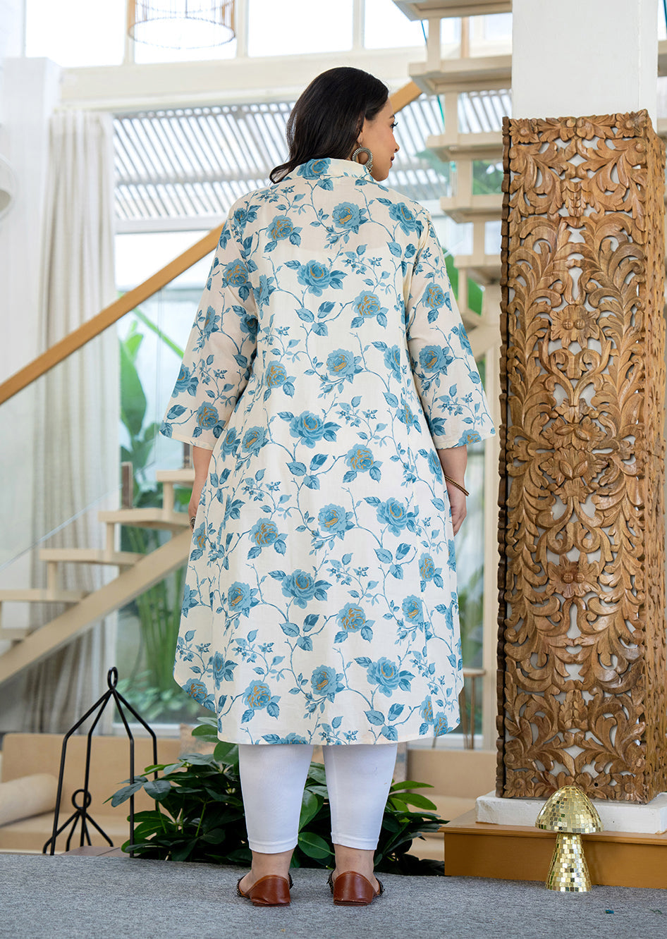 Kaajh Women's Turquoise Floral Printed Plus Size Cotton Kurta