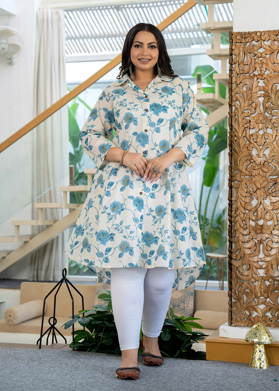 Kaajh Women's Turquoise Floral Printed Plus Size Cotton Kurta