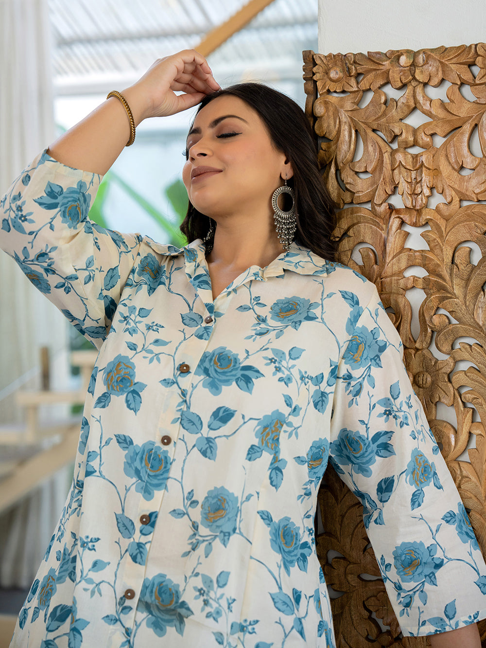 Kaajh Women's Turquoise Floral Printed Plus Size Cotton Kurta