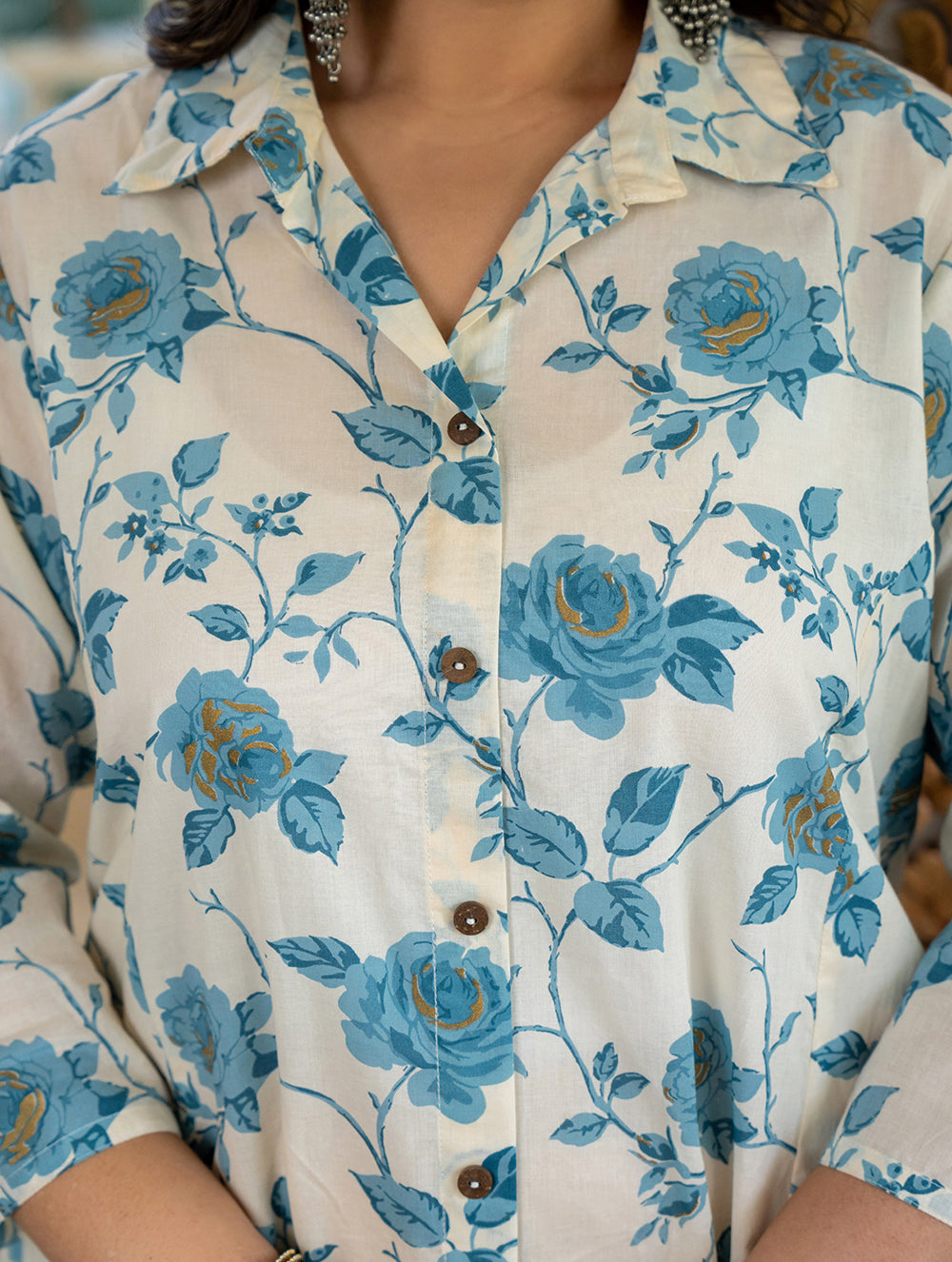 Kaajh Women's Turquoise Floral Printed Plus Size Cotton Kurta