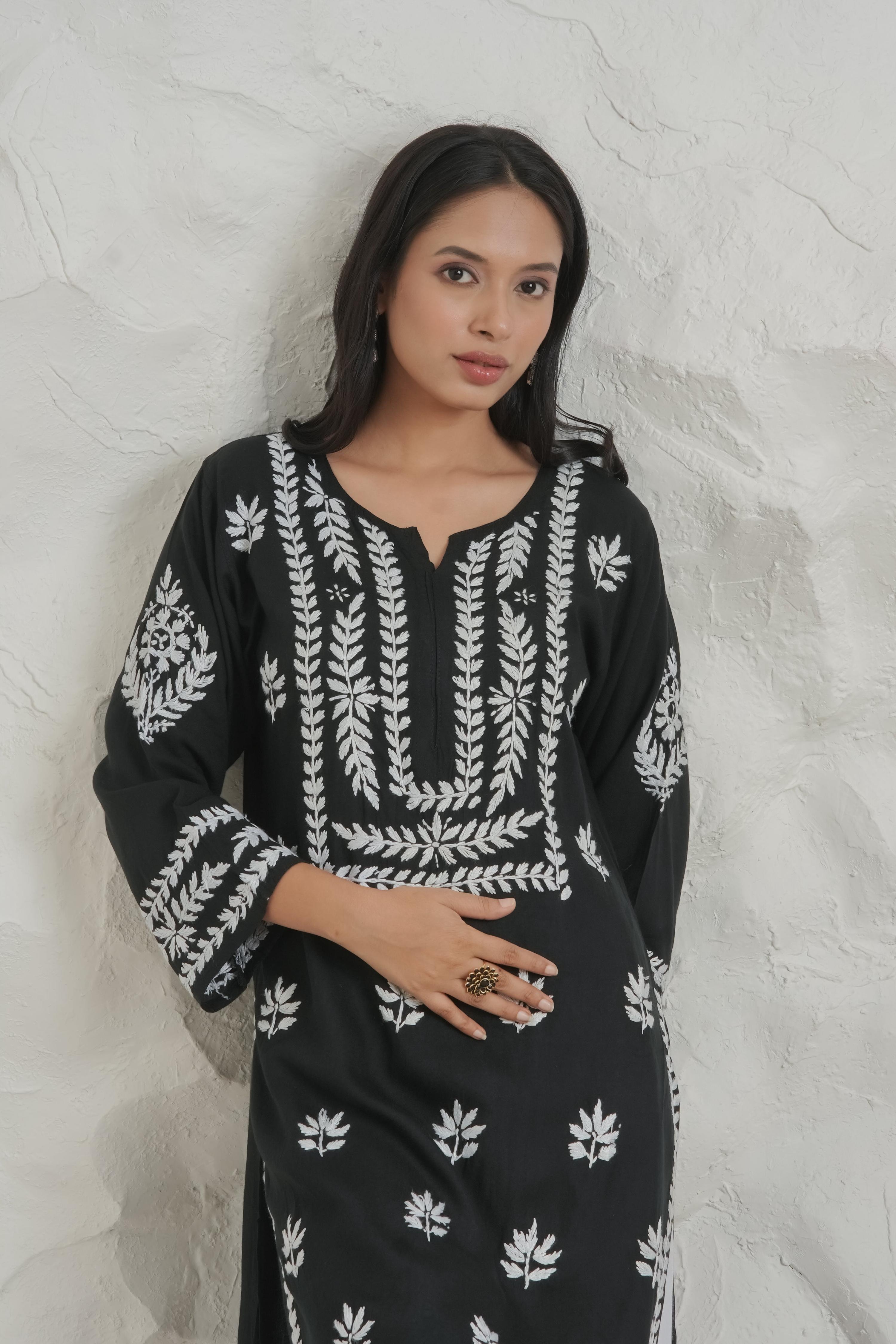 Gharana India Modal Fine Cotton Chikan Kari Kurta – Black
