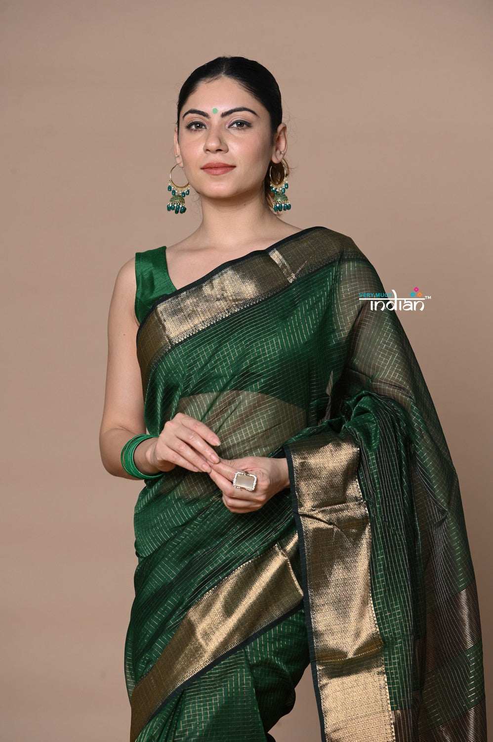 Very Much Indian Rajsi - Handloom Ari Checks Cotton Silk Saree with Golden Border - Dark Green