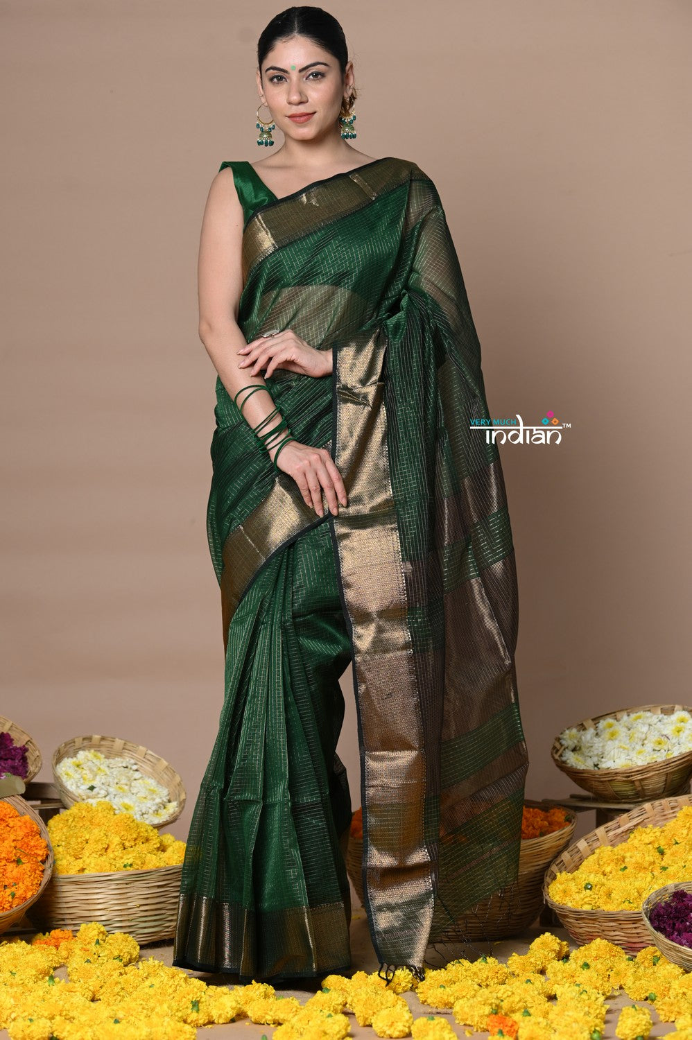 Very Much Indian Rajsi - Handloom Ari Checks Cotton Silk Saree with Golden Border - Dark Green