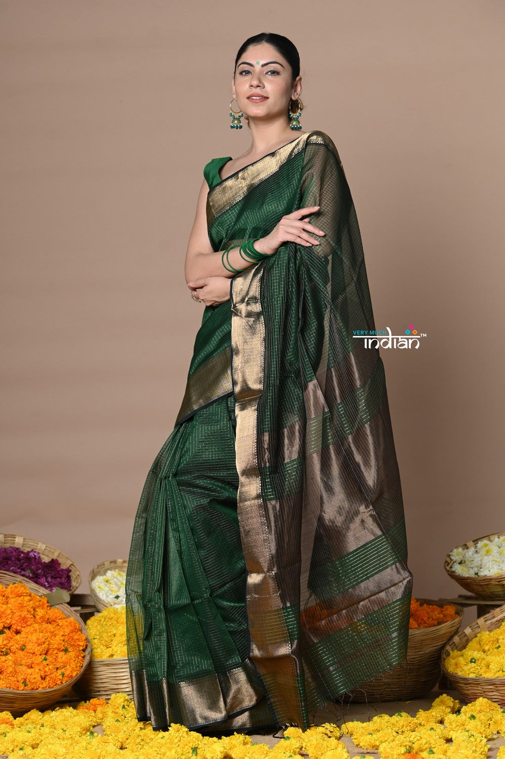 Very Much Indian Rajsi - Handloom Ari Checks Cotton Silk Saree with Golden Border - Dark Green