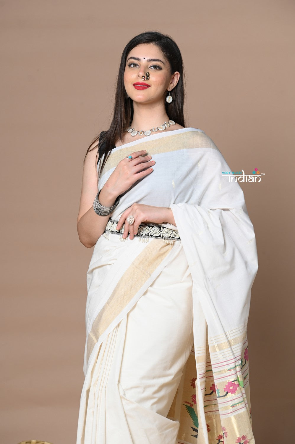 Very Much Indian Rajsi - Handloom Pure Cotton Paithani With Asawali Pallu - White Golden