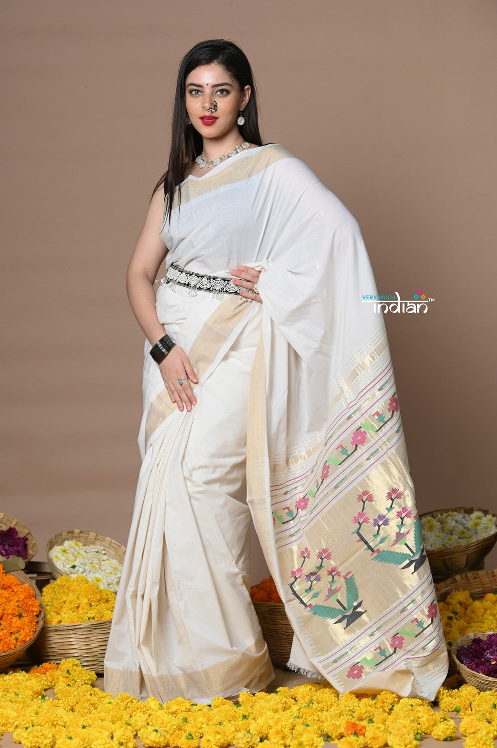 Very Much Indian Rajsi - Handloom Pure Cotton Paithani With Asawali Pallu - White Golden