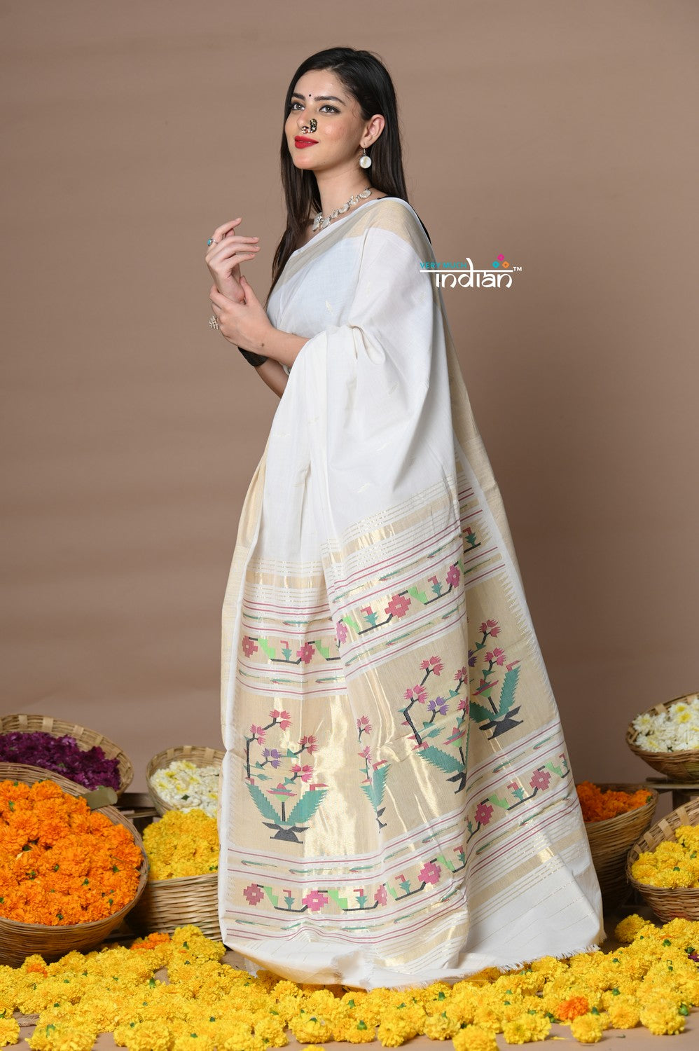 Very Much Indian Rajsi - Handloom Pure Cotton Paithani With Asawali Pallu - White Golden