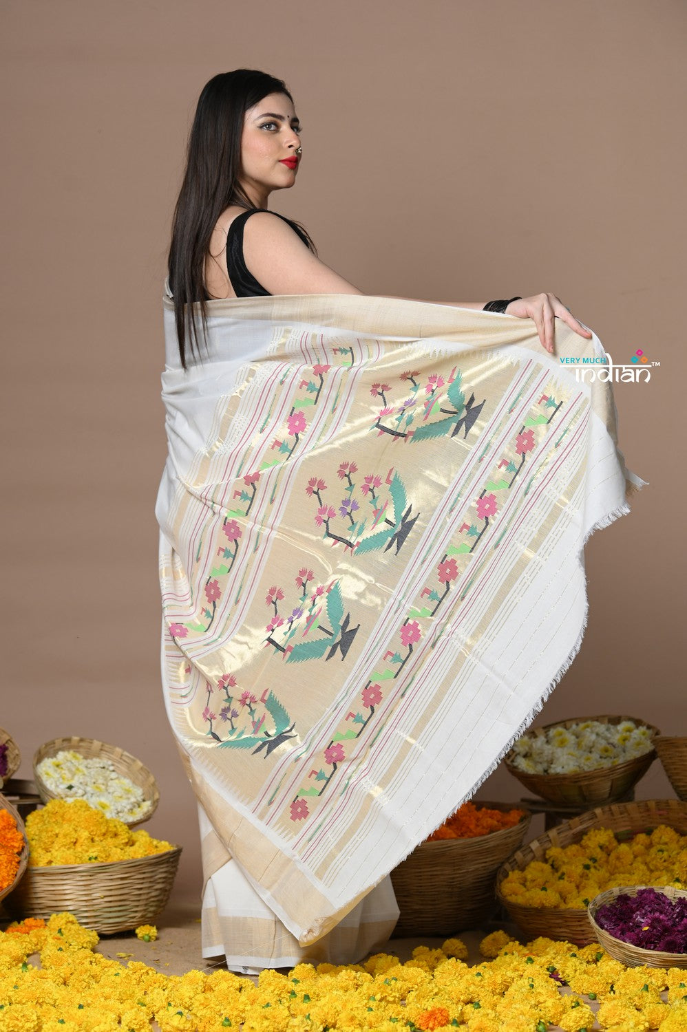 Very Much Indian Rajsi - Handloom Pure Cotton Paithani With Asawali Pallu - White Golden