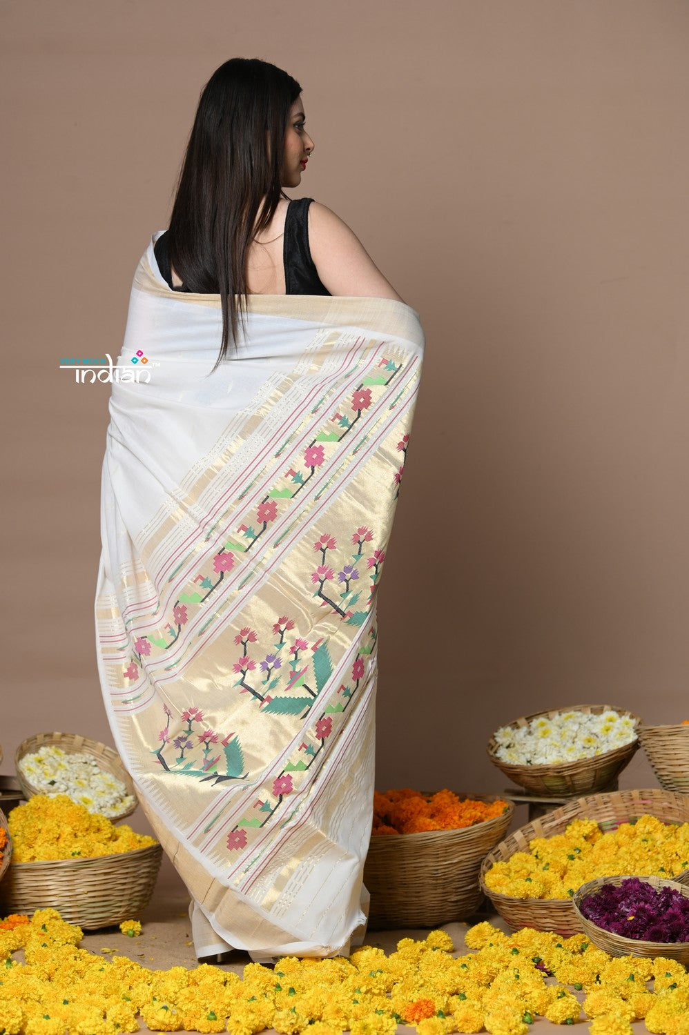 Very Much Indian Rajsi - Handloom Pure Cotton Paithani With Asawali Pallu - White Golden