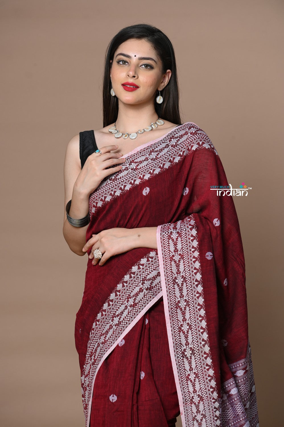 Very Much Indian Rajsi - Handloom Pure Cotton Saree with Hand-embroidered Symmetric Border - Maroon