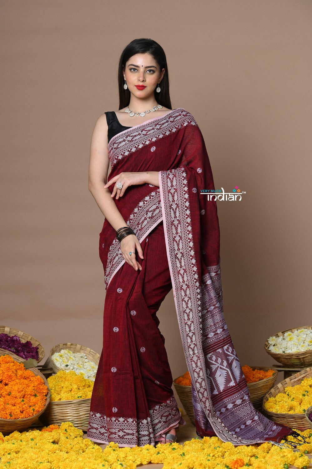 Very Much Indian Rajsi - Handloom Pure Cotton Saree with Hand-embroidered Symmetric Border - Maroon