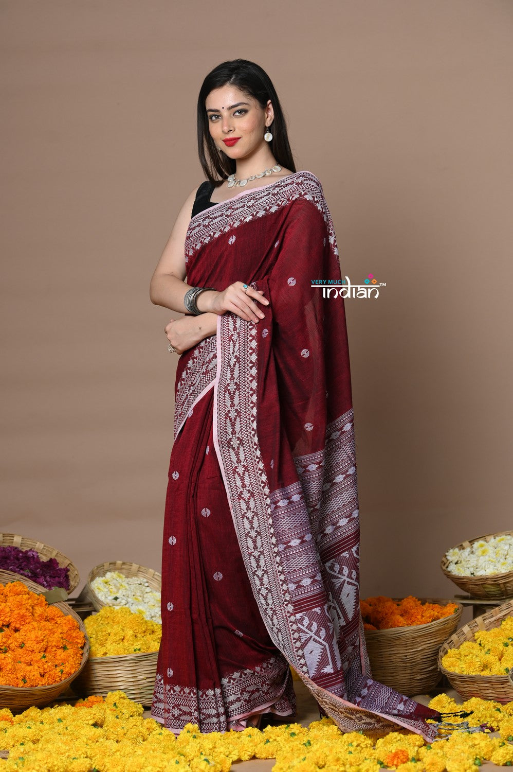 Very Much Indian Rajsi - Handloom Pure Cotton Saree with Hand-embroidered Symmetric Border - Maroon