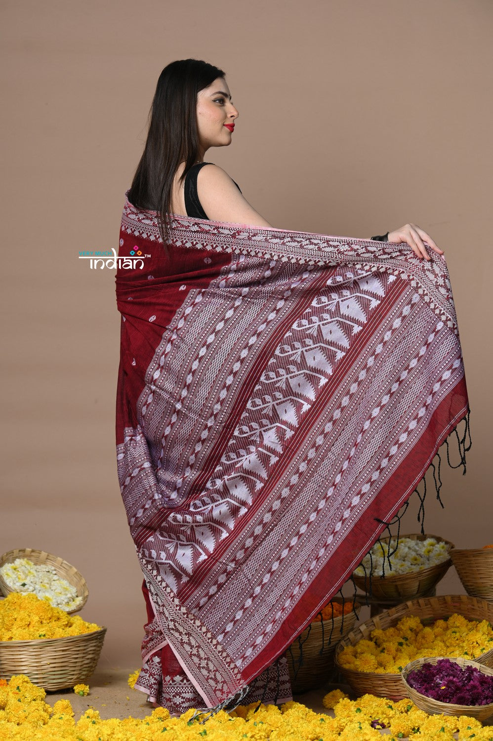 Very Much Indian Rajsi - Handloom Pure Cotton Saree with Hand-embroidered Symmetric Border - Maroon