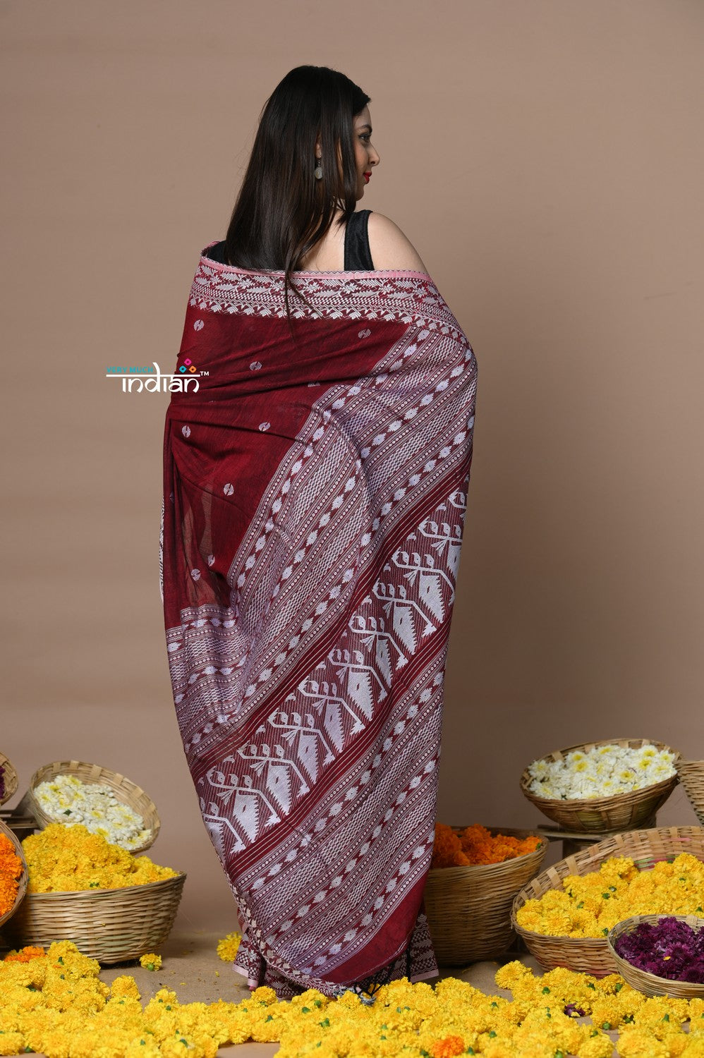 Very Much Indian Rajsi - Handloom Pure Cotton Saree with Hand-embroidered Symmetric Border - Maroon