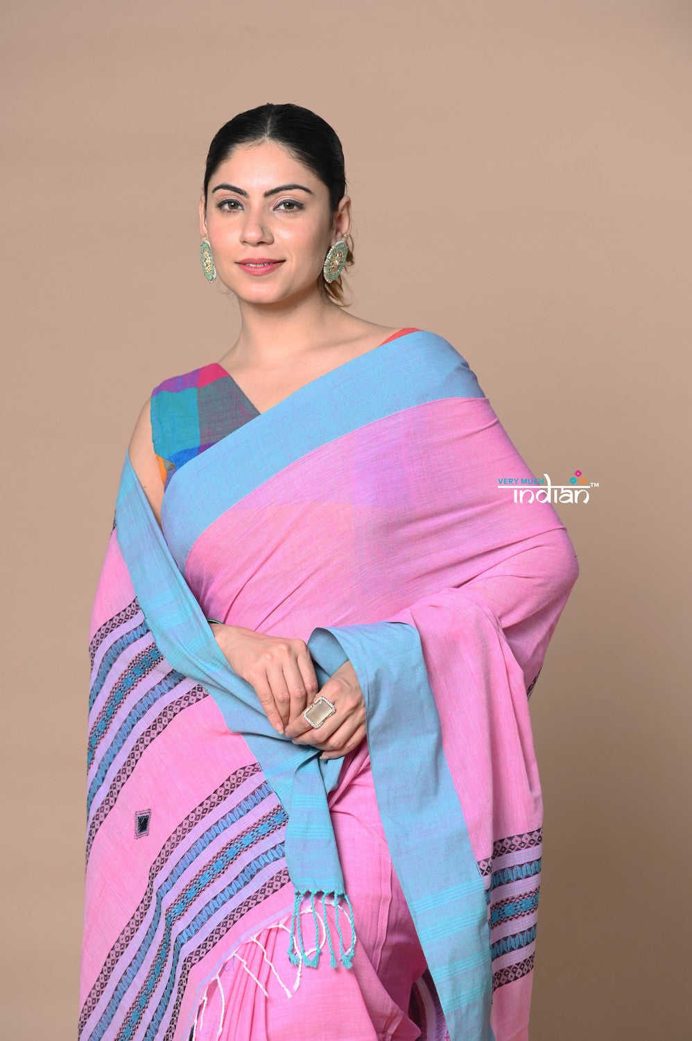 Very Much Indian Rajsi - Handloom Pure Cotton Saree with Classic Border and Pallu - Pink