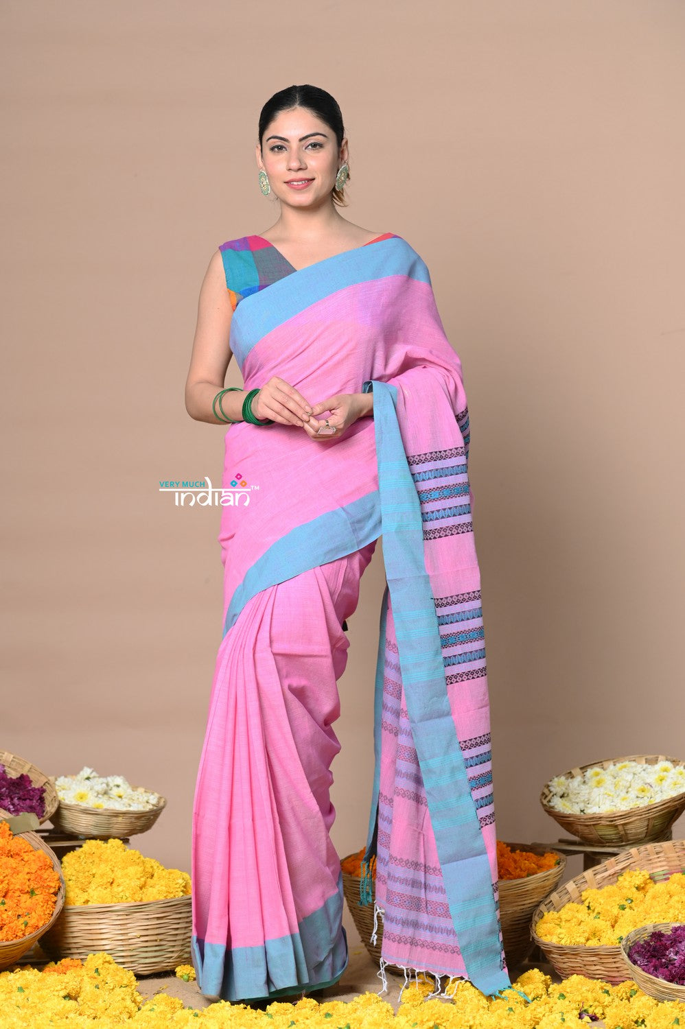 Very Much Indian Rajsi - Handloom Pure Cotton Saree with Classic Border and Pallu - Pink