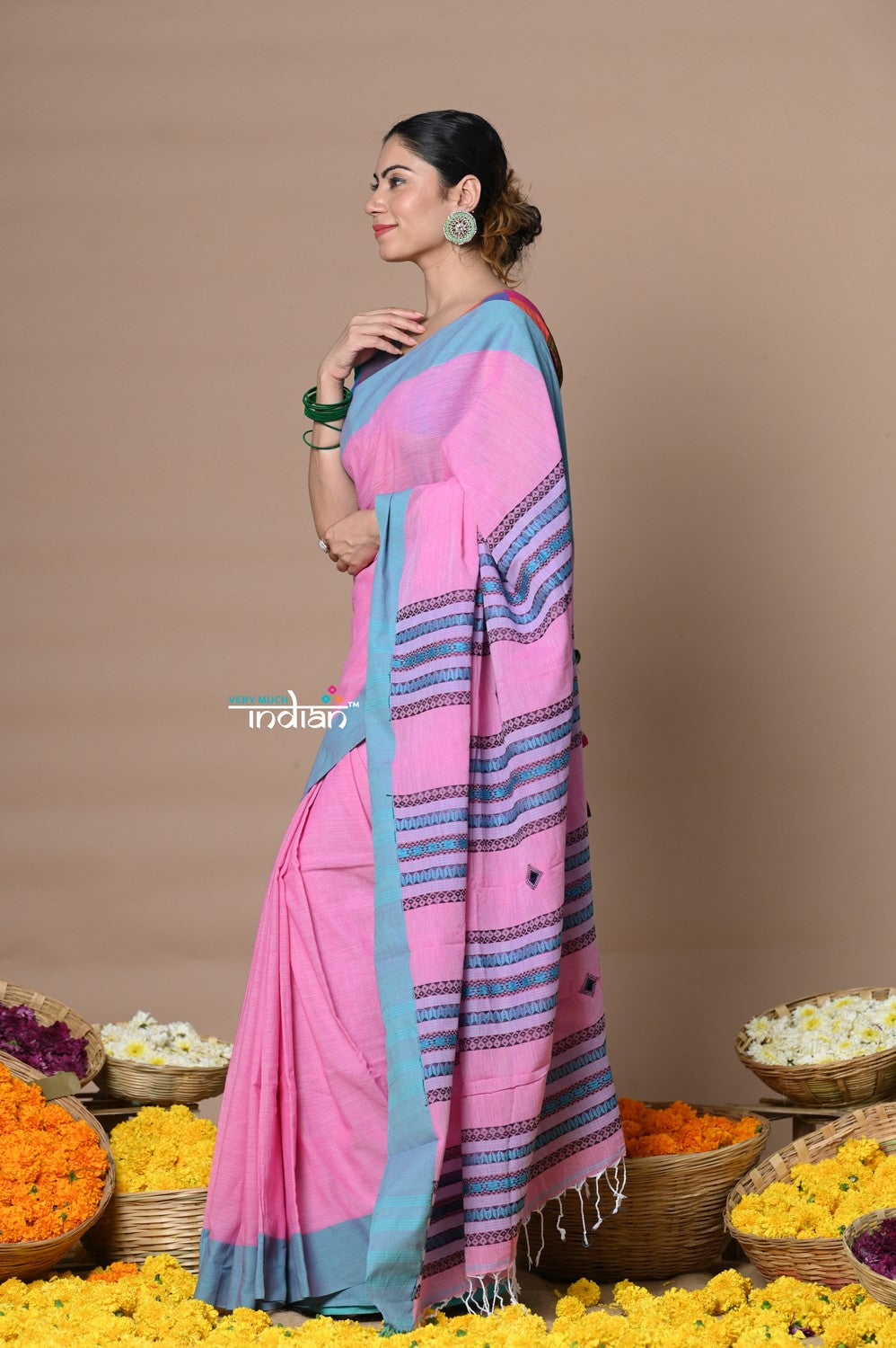 Very Much Indian Rajsi - Handloom Pure Cotton Saree with Classic Border and Pallu - Pink