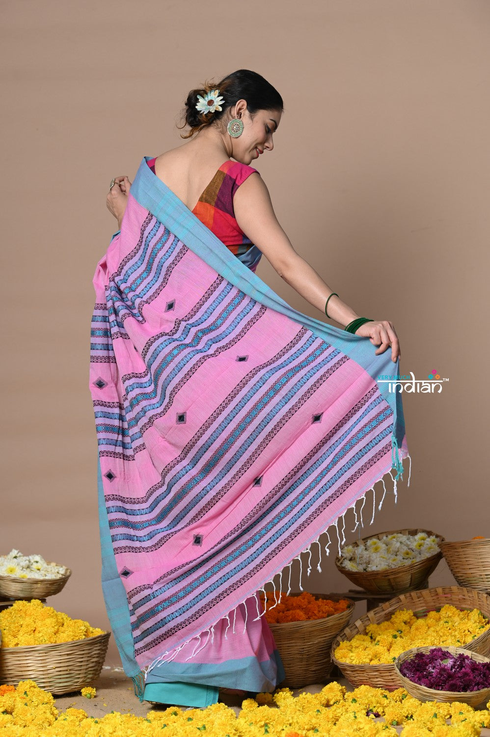 Very Much Indian Rajsi - Handloom Pure Cotton Saree with Classic Border and Pallu - Pink