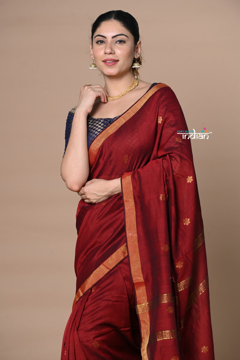 Very Much Indian Designed by VMI - High Quality Mul Cotton Handloom Woven with Sleek Border and Flower Buttis - Maroon