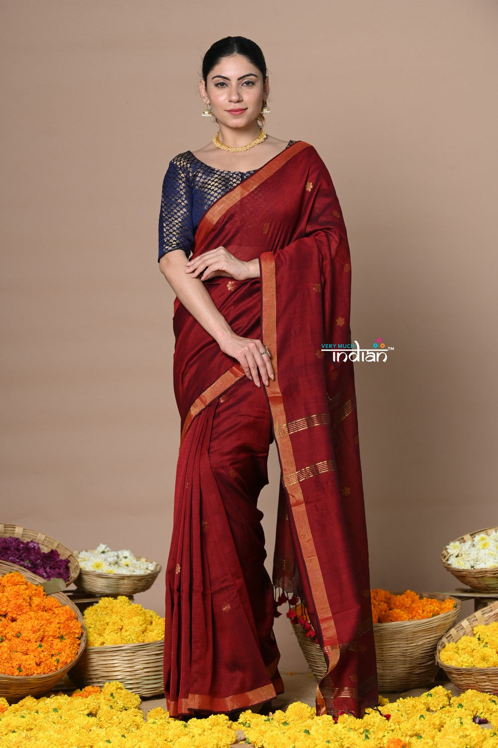 Very Much Indian Designed by VMI - High Quality Mul Cotton Handloom Woven with Sleek Border and Flower Buttis - Maroon