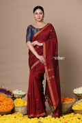Very Much Indian Designed by VMI - High Quality Mul Cotton Handloom Woven with Sleek Border and Flower Buttis - Maroon