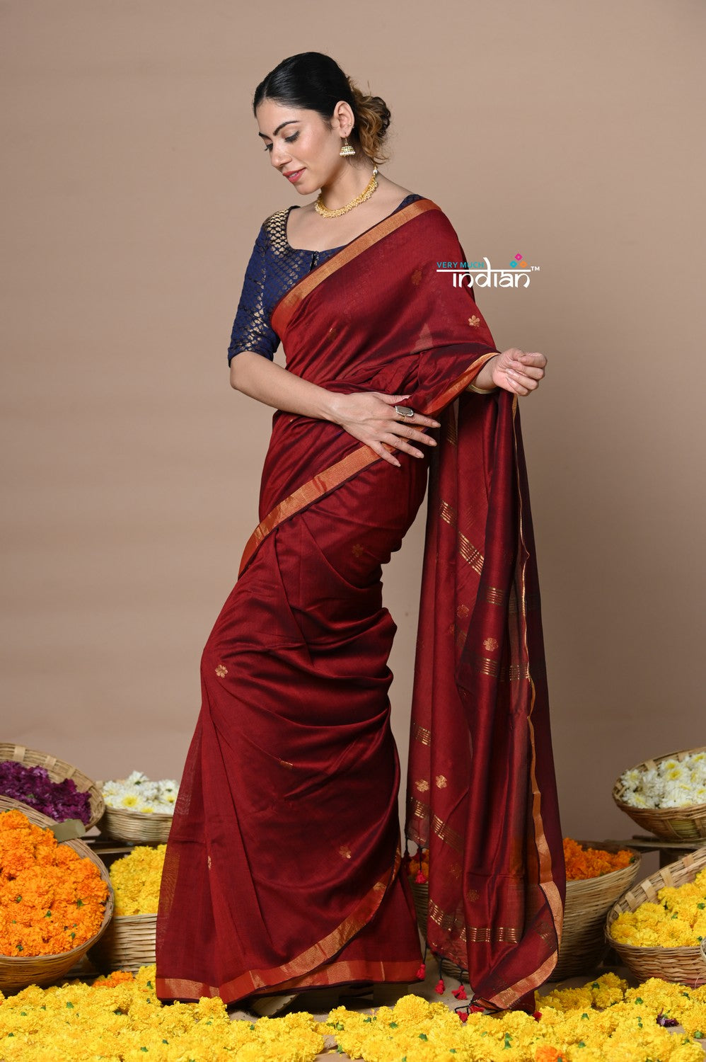 Very Much Indian Designed by VMI - High Quality Mul Cotton Handloom Woven with Sleek Border and Flower Buttis - Maroon