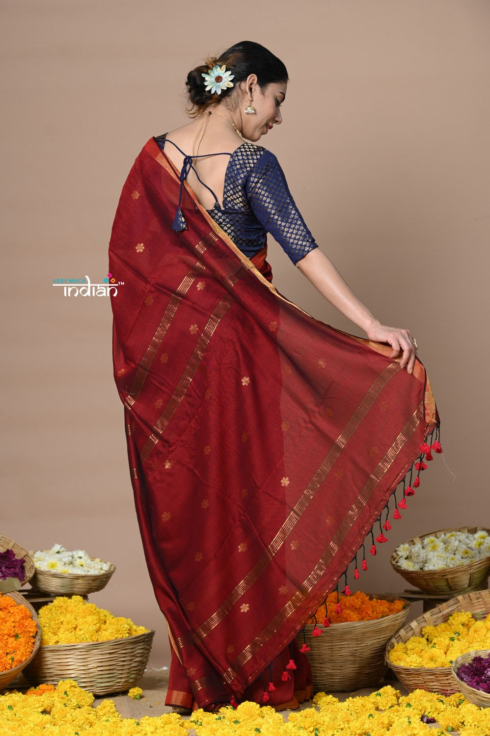 Very Much Indian Designed by VMI - High Quality Mul Cotton Handloom Woven with Sleek Border and Flower Buttis - Maroon