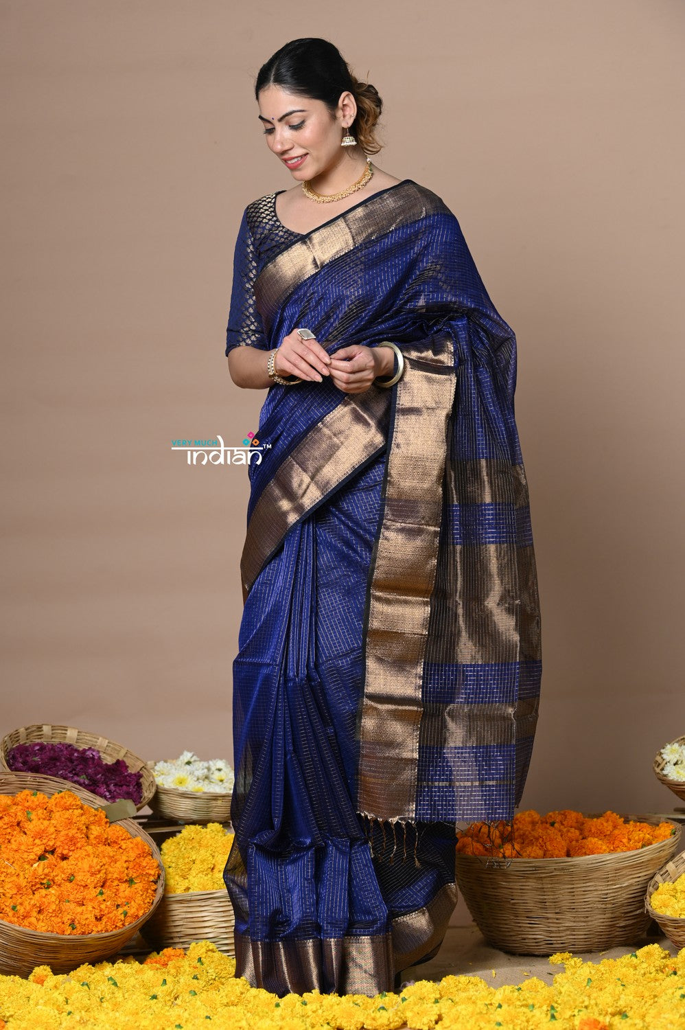 Very Much Indian Rajsi - Handloom Ari Checks Cotton Silk Saree with Golden Border - Dark Blue